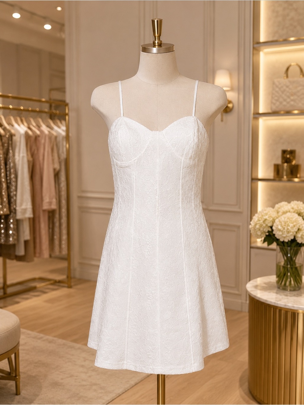Lulus Dainty Personality Ivory Lace Seamed Bustier Mini Dress, Size Medium